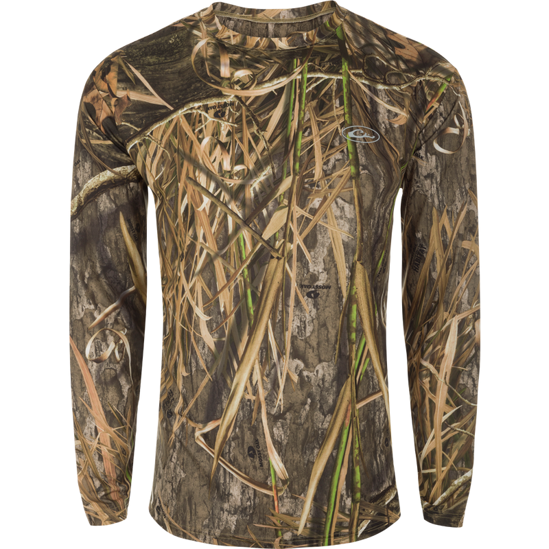A long sleeved shirt with a camouflage pattern, designed for optimum comfort and durability. Made of 92% Polyester/8% Spandex with 4-Way Stretch for flexibility and protection. Features Shield 4 Sun™ UPF 50+, Shield 4 Coolant™, Shield 4 Odor™, and Shield 4 Stains™ treatments for effective sun, heat, odor, and stain protection. EST Camo Performance Crew L/S from Drake Waterfowl.