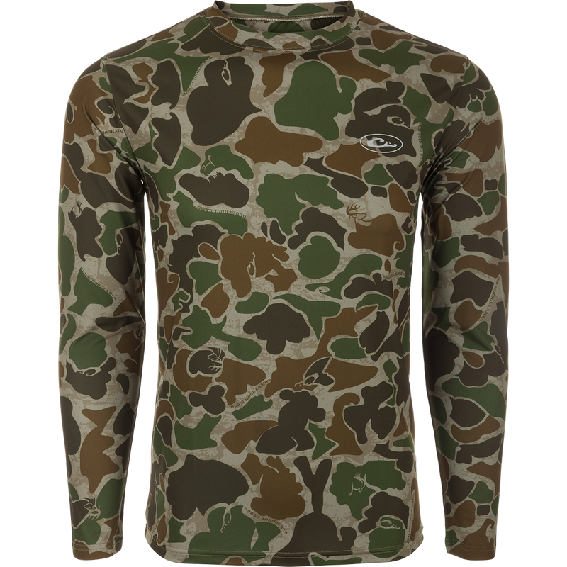 EST Camo Performance Crew L/S: A durable, flexible camouflage shirt with 4-way stretch and UPF 50+ sun protection. Features Shield 4 Coolant™, Shield 4 Odor™, and Shield 4 Stains™ treatments for added comfort and freshness. Ideal for hunting and outdoor activities.