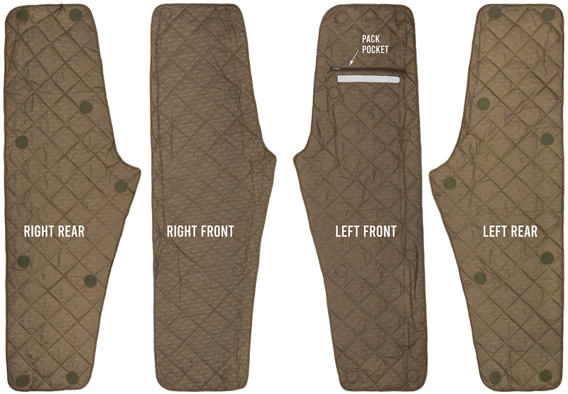 A pair of brown pants with buttons, part of the Guardian Flex™ G3 Flex™ Bib with BMZ System Liner from Drake Waterfowl. Adjust insulation with removable panels for varying weather conditions. Waterproof, windproof, and breathable. Perfect for hunting and outdoor activities.