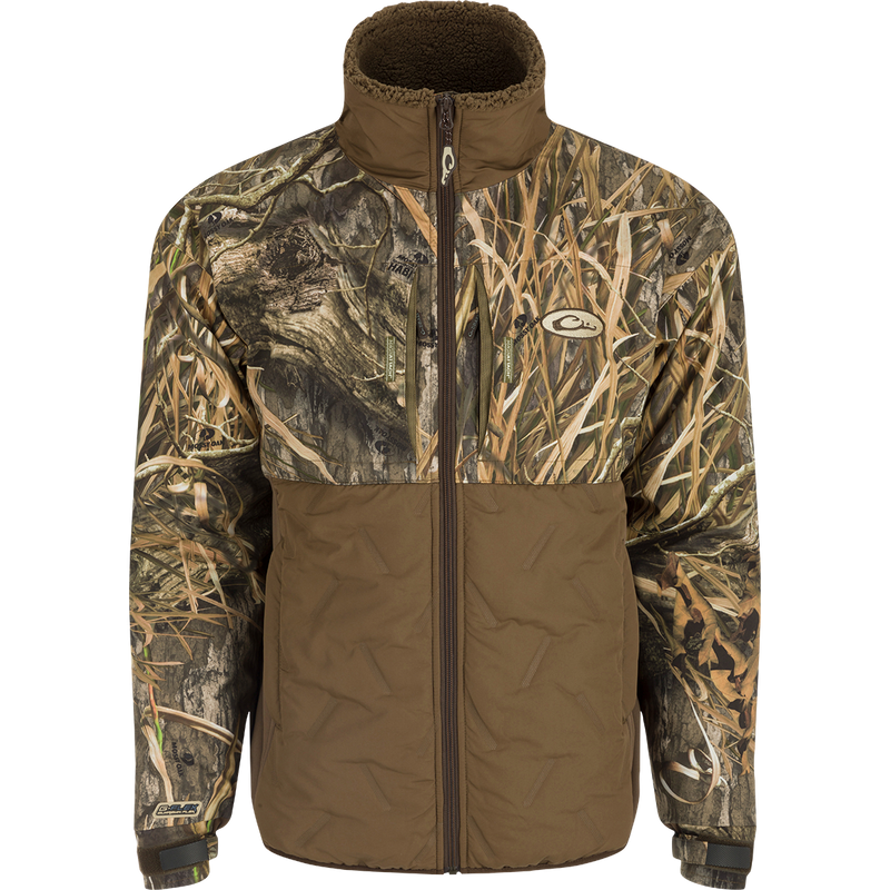 LST Guardian Flex Double Down Eqwader Full Zip: A waterproof and windproof jacket with a camouflage pattern. Features include synthetic double down insulation, elbow/forearm protection, and a matte finish on the lower body. Stay warm and dry in any conditions.