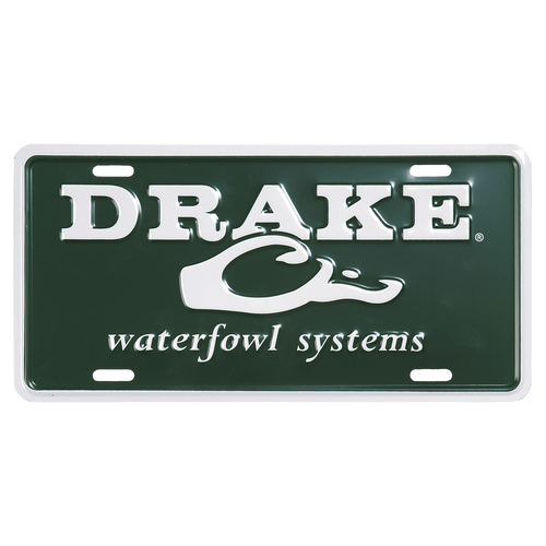 A close-up of the Drake License Plate, featuring white text on a green background and a logo. Perfect for showing your love of hunting and Drake Waterfowl Systems.