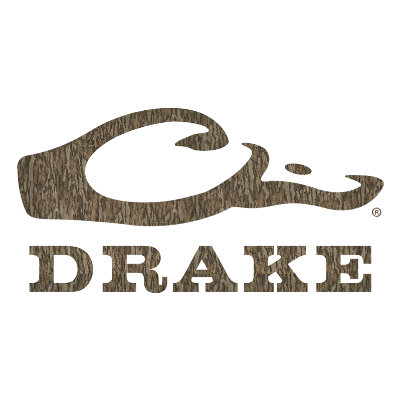 Drake Window Decal featuring the recognizable Drake logo, a duck silhouette, and a tree bark pattern. Perfect for showing off your fervor for hunting and the outdoor lifestyle. Water-resistant and long-lasting. 5