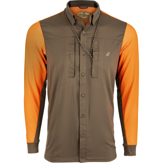 McAlister EST Performance Hybrid Upland Shirt: A long-sleeved shirt with a woven front for a clean look. Features include 4-way stretch knit back, mesh sides, and underarms. Magnattach left chest pocket and zippered right chest pocket.