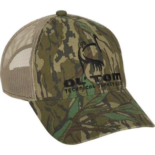 Camo Mesh Back Ol' Tom Logo Cap - A low-profile, structured six-panel cap with a Velcro back adjustment. Made with cotton camo front panels and polyester mesh back. Perfect for hunting and outdoor enthusiasts.