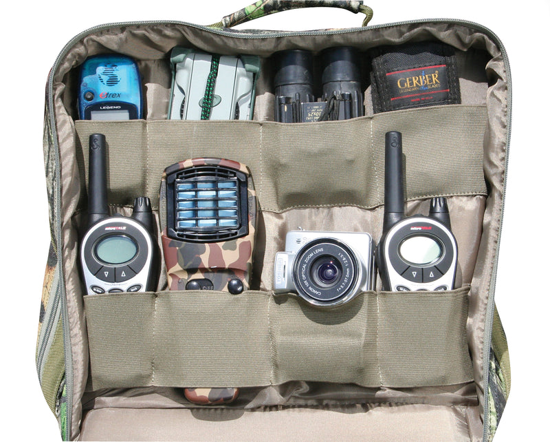 Ol' Tom Treasure Chest, a bag with a variety of electronics, perfect for turkey season. Keep all calls and tools organized with over 90 custom compartments on 7 separate walls. Ideal for trips or post-season storage.